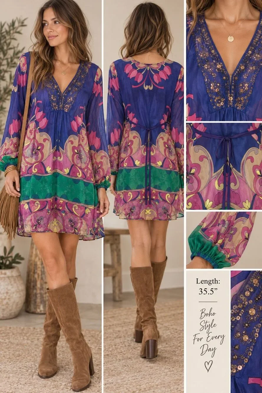 Hale Bob Boho Tunic Dress L Floral Paisley Embellished V Neck Mini Psychedelic